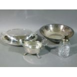EPNS entree dish and cover, sauceboat, fruit bowl and glass castor