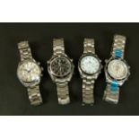 Four fake Omega gentleman's wristwatches all in white base metal and bracelets