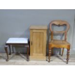 An Edwardian ash pot cupboard on plinth base, a Victorian dining chair with full seat on turned legs