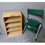 An artist's folding outdoor chair together with a small set of beech shelves