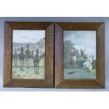A pair of steeplechase racing coloured prints in oak frames