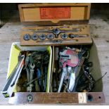 Various tools including, clamps, spanners, drill bits, files, level, plane, oil can, box of taps and