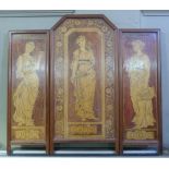 A three fold fire screen decorated in pen and ink on stained panels with classical females