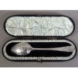 An old English pattern christening spoon, fern engraved, by Walker and Hall, Sheffield 1896, in