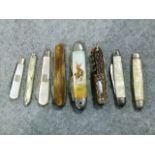 A quantity of pen knives including two mother of pearl and silver examples, faux mother of pearl,