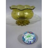A Victorian green glass frilled circular bowl on crimped foot, 24cm diameter x 17cm high; together