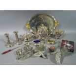 EPNS three piece tea service, oval tray, pair of fighting cocks, coasters, pair of candlesticks etc