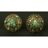 A pair of Victorian turquoise and rose diamond set boss ear studs in 15ct gold, the dome set to