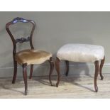 A mahogany dressing stool upholstered in cream damask on angular cabriole legs, together with a