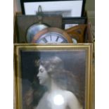 A quantity of framed prints, signed black and white etching, photograph, clock, barometer etc (