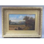 A 19th century harvest scene under blue skies, oil on canvas, unsigned