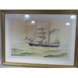 E Wilkinson, twin masted sailing ship off the coast, watercolor, signed to lower left