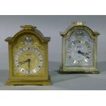Two Swiza miniature alarm bracket clocks in George II style, one lacquered brass the other