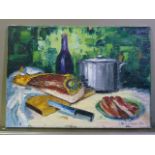 A still life of ham, wine and cooking vessel, oil on canvas, signed C Marcillaud 1964, 46cm x 65cm