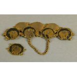 A bracelet in Shakudo, each octagonal link set with the image of an elephant in gilt base metal with