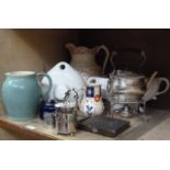 A silver plated tea kettle and burner, preserve jar and cover, mustard pot, set of EPNS teaspoons,