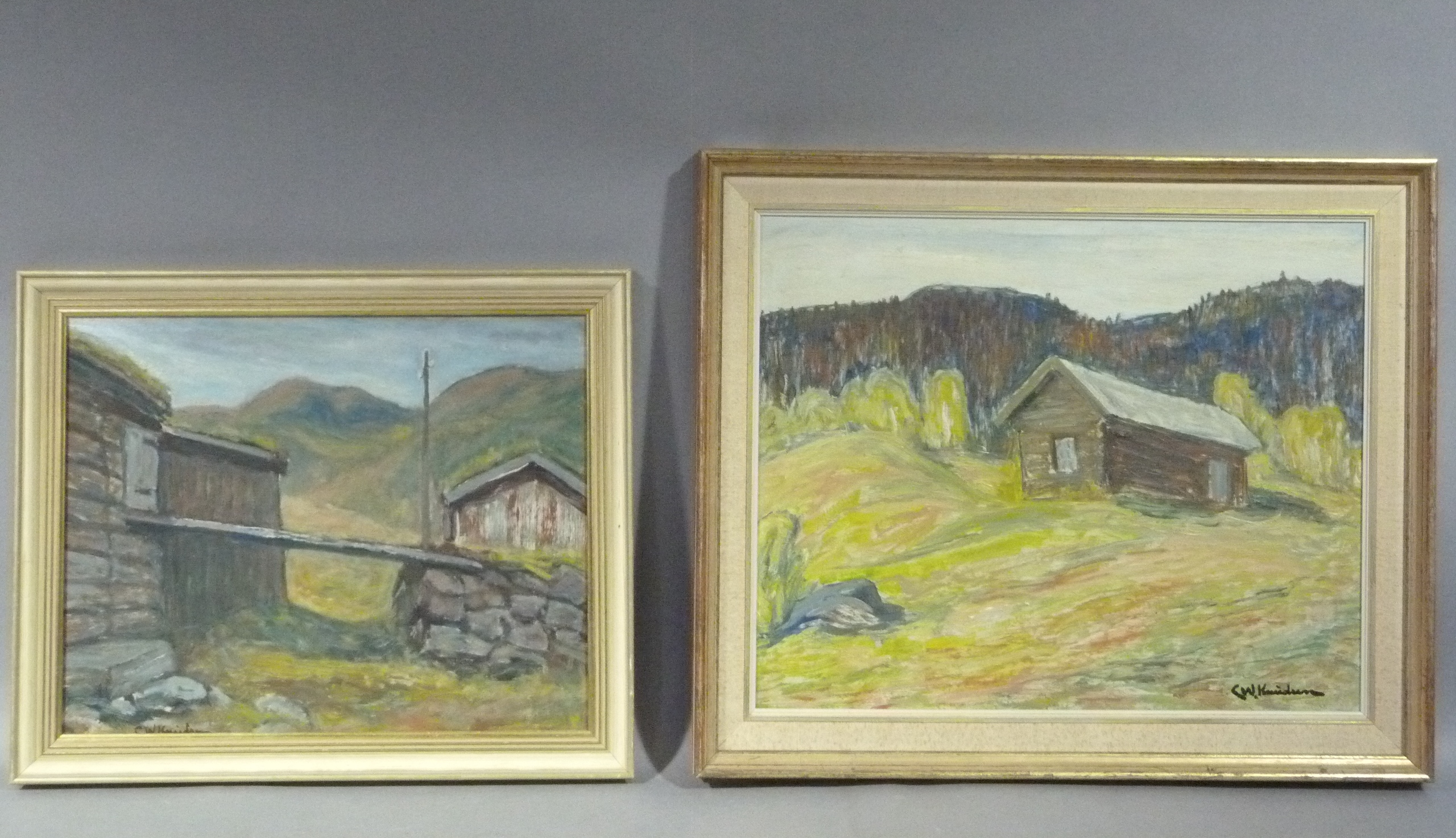 C W Knudsen, alpine landscapes with shepherds' huts, oil on board, signed, 31cm x 39cm and 37cm x