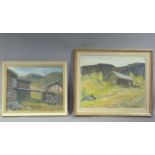 C W Knudsen, alpine landscapes with shepherds' huts, oil on board, signed, 31cm x 39cm and 37cm x