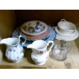 A large Continental pottery plate, creamware two handled basket, bowl and two plates, glass mug,