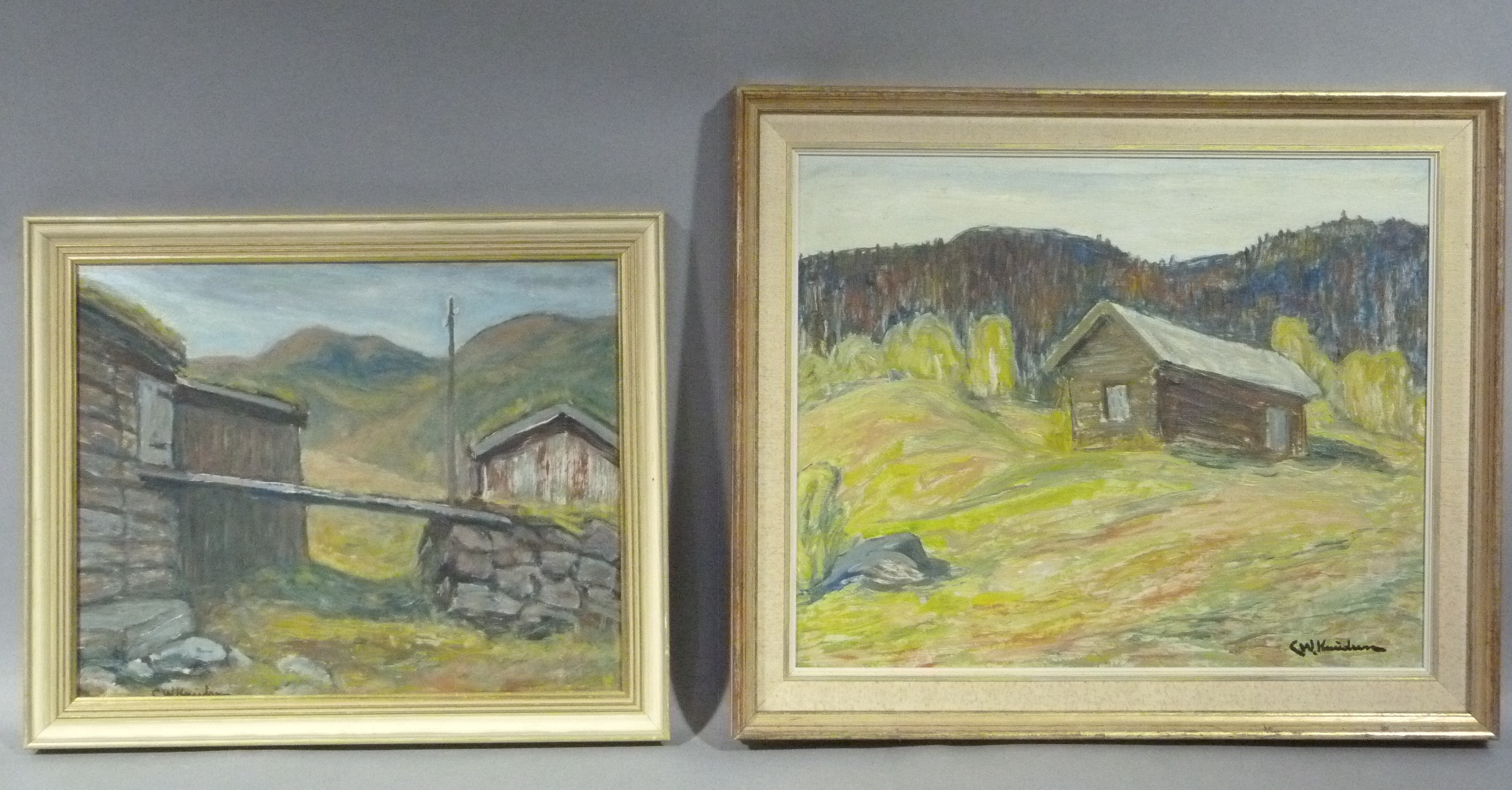 C W Knudsen, alpine landscapes with shepherds' huts, oil on board, signed, 31cm x 39cm and 37cm x - Image 2 of 4