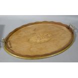 An Edwardian Sheraton revival gallery tray with pair of brass carrying handles, wavy gallery the