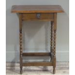 A polished beech side table, rectangular with drawer to the apron on square and bobbin turned