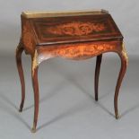 A 19th century rosewood and satinwood inlaid bureau de dame, having a gilt metal pierced three-