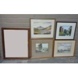 Four watercolours, landscapes and cattle within landscapes, all framed; together with an oak