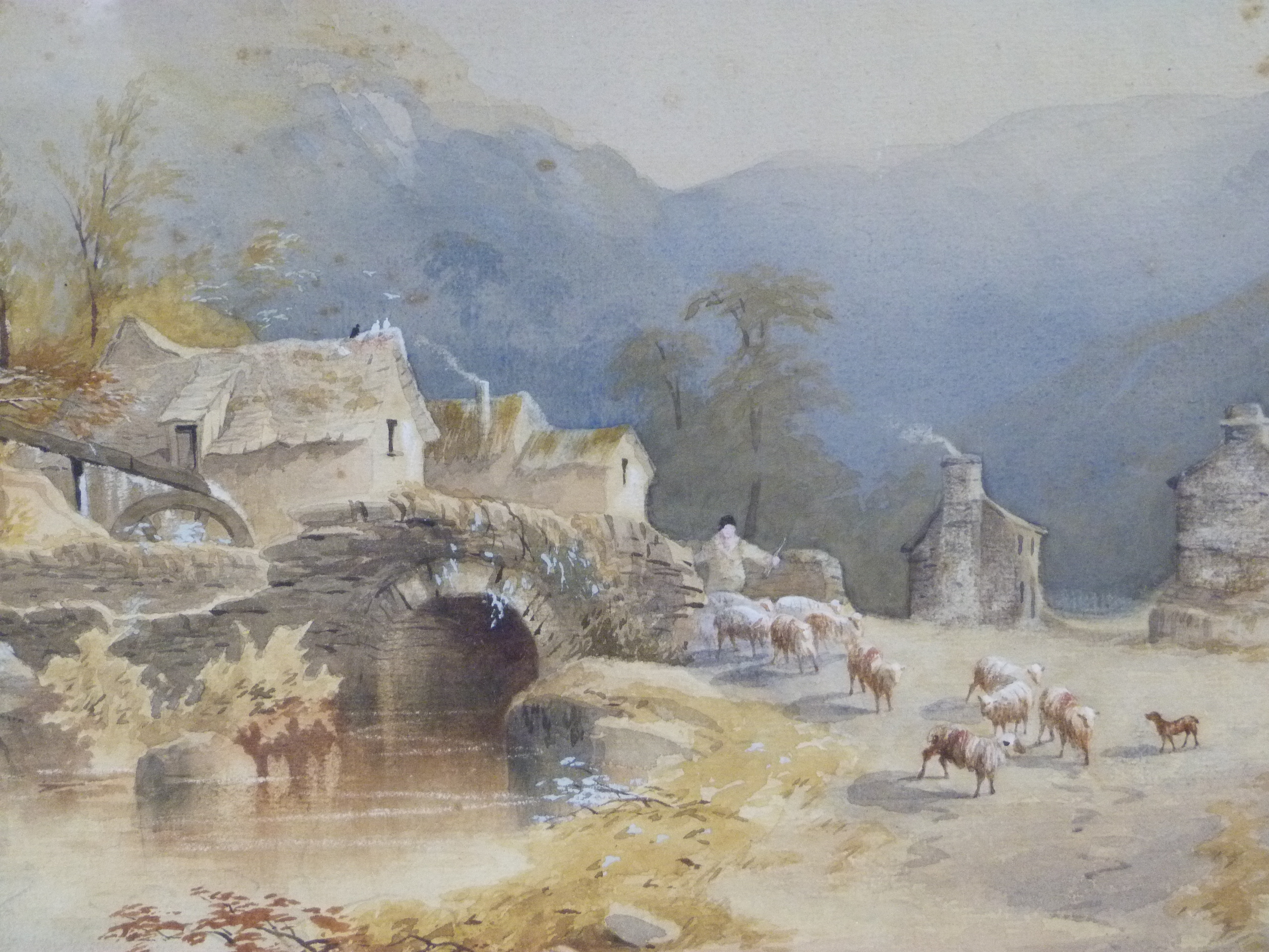 Robert Herdman - landscape with drover and sheep crossing a bridge, cottages to foreground and - Image 2 of 2