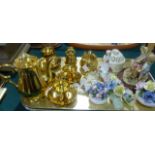 A gilt coffee service, flower clusters, resin figure group, Leeds creamware box and cover, etc