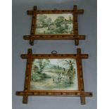 A pair of Victorian Tunbridge ware Oxford style small frames containing chromolithographic prints,