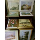 A group of eight prints and paintings including, farmstead watercolour, Bamburgh castle print,