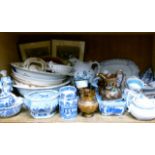 Mixed teaware and Sunderland lustre tea and breakfast cups and saucers, blue and white printed