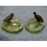 Two cold painted bronze bird ashtrays, snipe and grouse, onyx bases, 12cm wide approximately (
