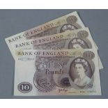Bank of England brown ten pound J B Page replacement note prefix M12 plus two other ten pound notes,