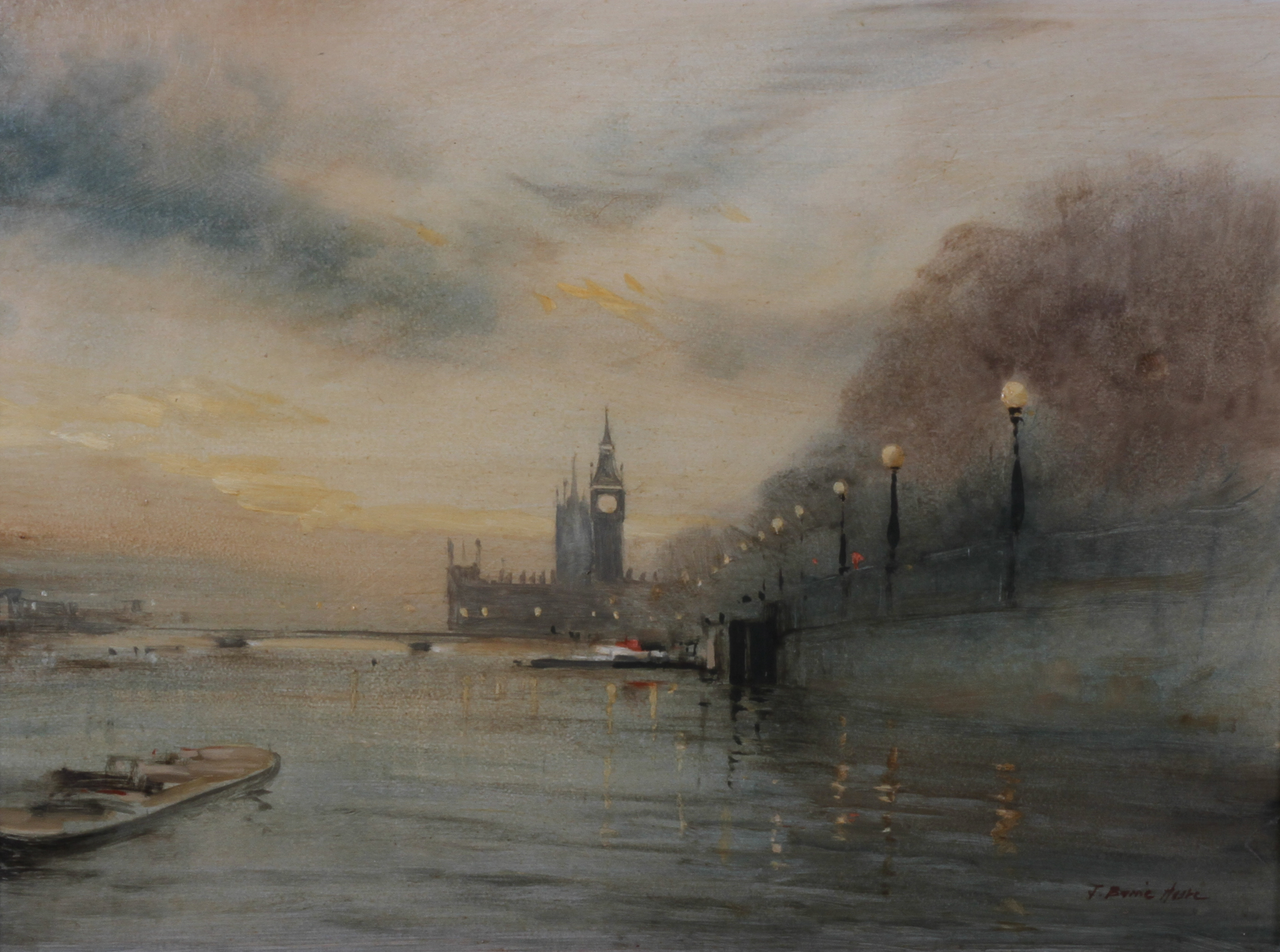 ARR John Barrie Haste (1931-2011), Westminster from the Victoria Embankment at dusk, oil on board,