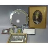 A bevel cut circular wall mirror; quantity of decorative prints etc (quantity)