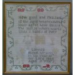 A mid 19th century sampler by Louisa Hisket, aged 11 years, worked in red, green, white wools and