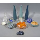 Caithness and other paperweights, pottery bowls, glass cologne bottle, orange and silver dish, set