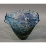 An Art Glass frilled inverted bell shaped bowl of speckled brown and blue trail pattern, signed