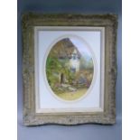 Maddra - cottage exterior with hollyhocks, oval, signed, 40cm x 30cm, framed