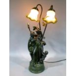 A reproduction resin figural lamp with coloured petal glass shades, 64cm high