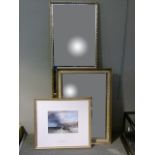 A rectangular wall mirror in a gilt frame with leaf border, 69cm x 49cm; together with a print,