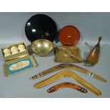 An Edwardian oak crumb scoop and brush, boomerangs, a shoe tree, lacquered trays, brass bowl and a