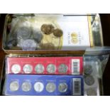 Three Elizabeth II crowns, 7 USA dollars and various USA State coins