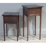 An oak sewing table with lift up lid on square legs, together with a mahogany sewing table having