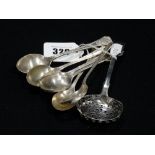 A Set Of Six 1935 Jubilee Silver Tea Spoons, Together With A Silver Sugar Sifter, 140grm