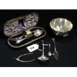 A Silver Wishbone Sugar Grip, Together With A Small Silver Sugar Bowl, Sifter Spoon Etc