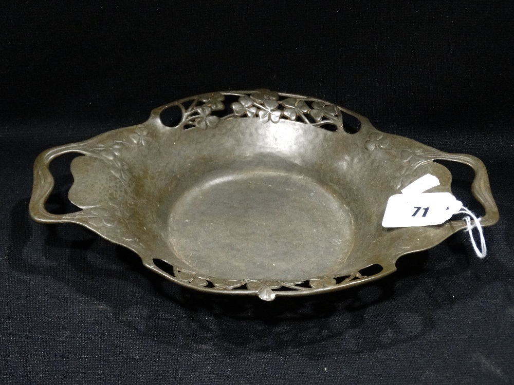 An Art Nouveau Period English Pewter Two Handled Bowl With Stylised Clover Leaf Design, No 0287 For