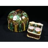 A Staffordshire Pottery Leaf Decorated Majolica Cheese Dish Cover, Together With An Egg Stand (AF)